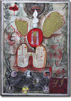 Jesus Polanco: Madrigal (2002) Ink and Collage on Panel 30"x22"